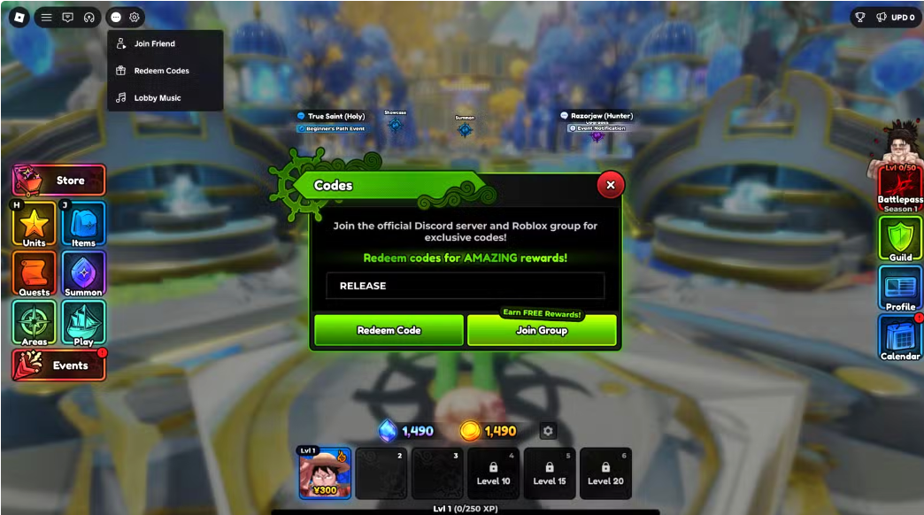 Anime Expeditions redeem codes screen
